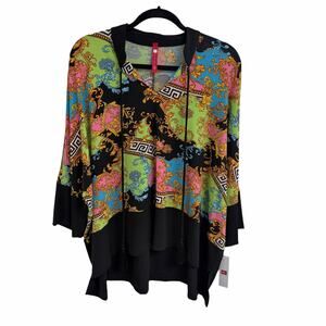 NWT IC Collection Black Multi Stand Collar & Tassel Tie Boxy Top Womens Large